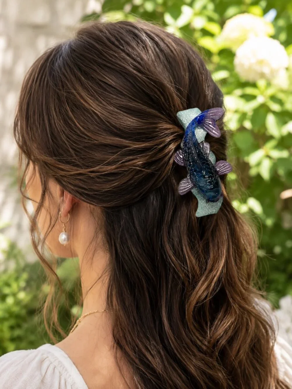 Handmade Resin Betta Koi Fish Hair Clips Trio, Sea Green Blue Purple Accents